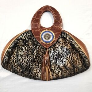 Women's Metallic Copper Brown Mixed Material Ethnic Ornate Sturdy Hand Purse Bag